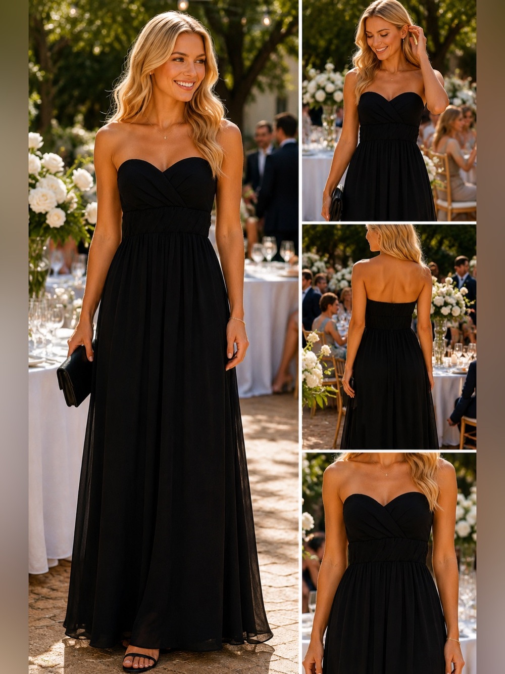 BCBGeneration Black Strapless Chiffon Maxi Dress Formal Evening S 4 Wedding